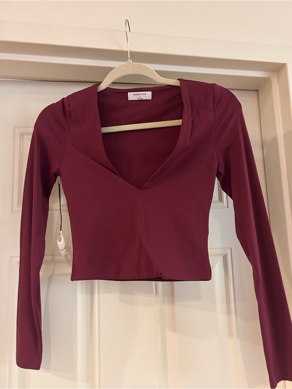Babaton Long Sleeve V-Neck Crop Top in Wine